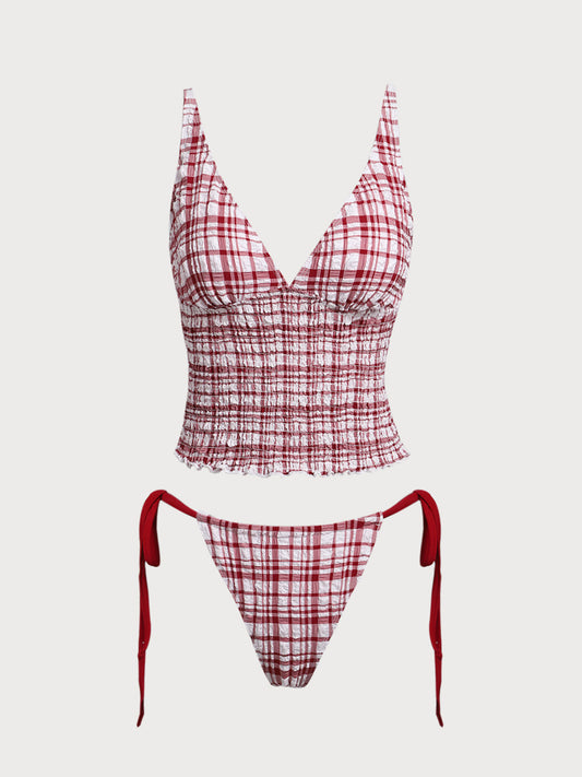 Red Plaid Ruched Tankini Swimsuit