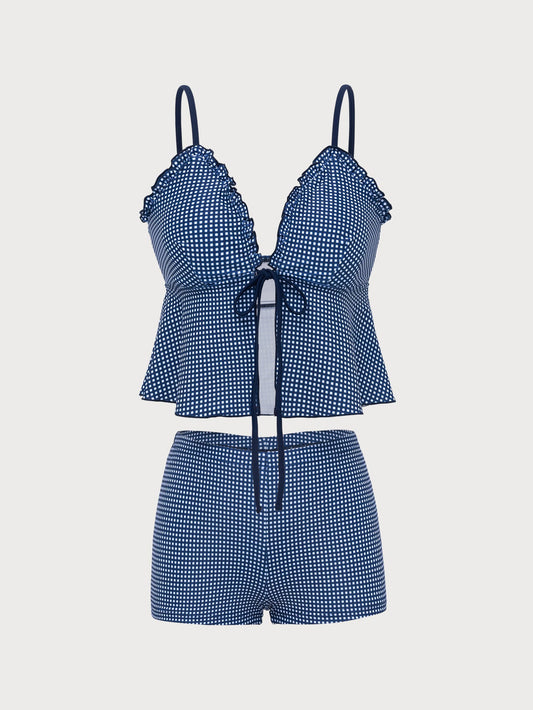 Blue Plaid Ruffle Tankini Swimsuit