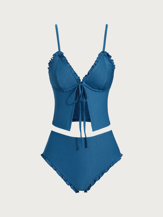 Blue Ribbed Ruffle Tankini Swimsuit