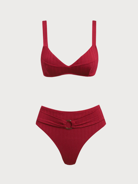 Wine Red Polyester Knit Ring Bikini Set