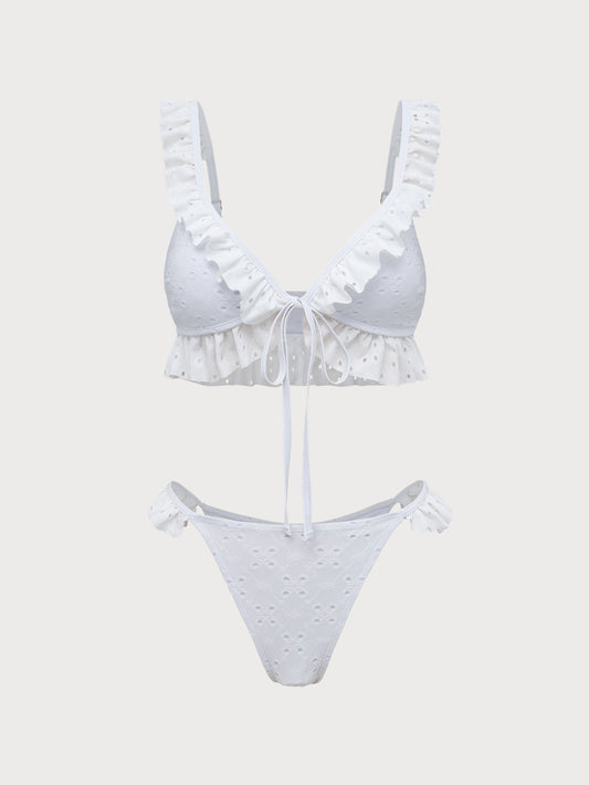 Off White Ruffle Front Tie Bikini Set