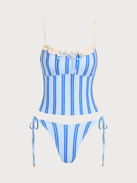 Blue Striped Contrast Tankini Swimsuit