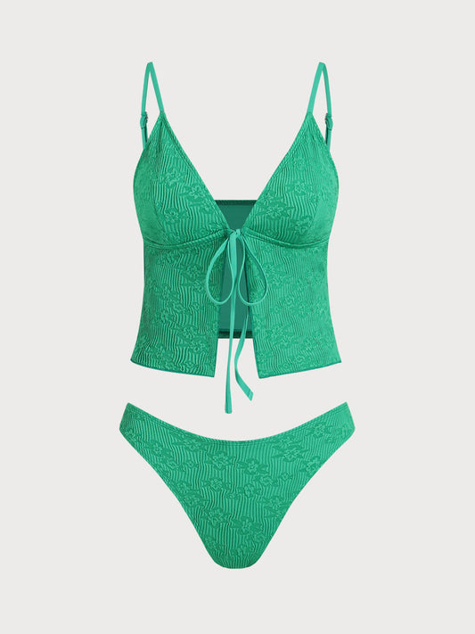 Green Tie Front Jacquard Tankini Set