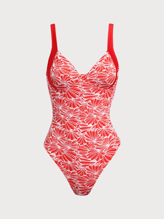 Red Two-Tone Jacquard Contrast One-Piece Swimsuit