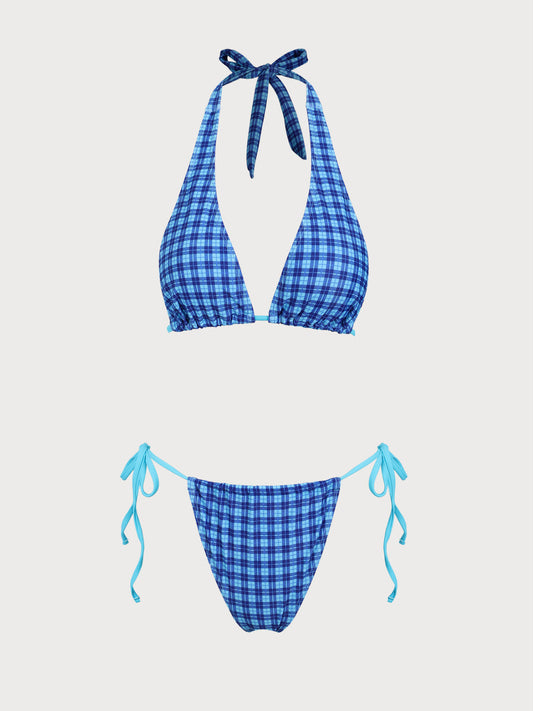 Blue Vintage Plaid Print Bikini Set