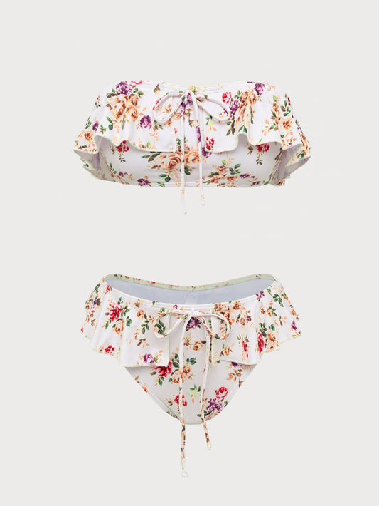 White Vintage Print Ruffle Bikini Set