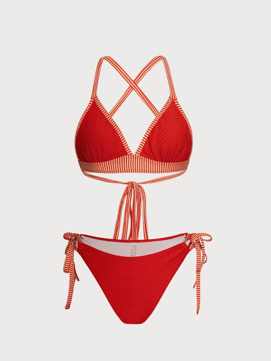 Red Contrast Stripe Strap Bikini Set