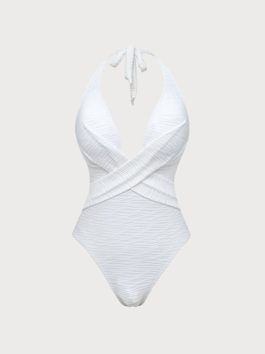 White Crossover V-Neck One-Piece Swimsuit