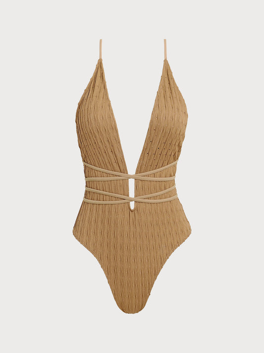 Brown Deep V One-Piece Swimsuit
