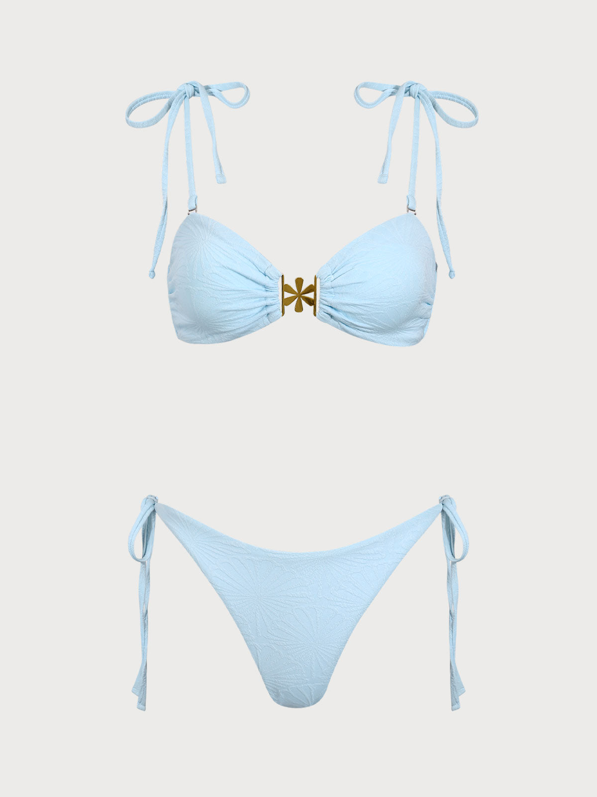 Light Blue Textured Floral Tie Bikini Set