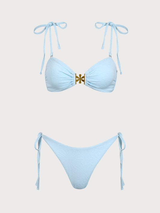 Light Blue Textured Floral Tie Bikini Set