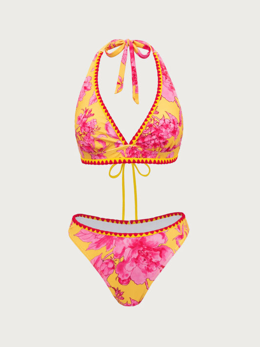 Orange Floral Contrast Print Bikini Set