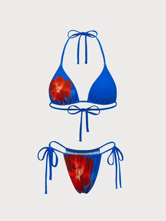 Blue Floral Contrast Print Bikini Set