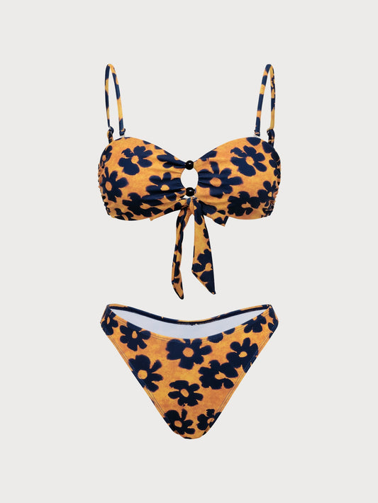 Brown Floral Cutout Bikini Set