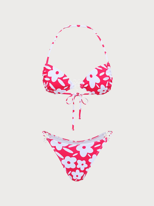 Pink Floral Halter Bikini Set
