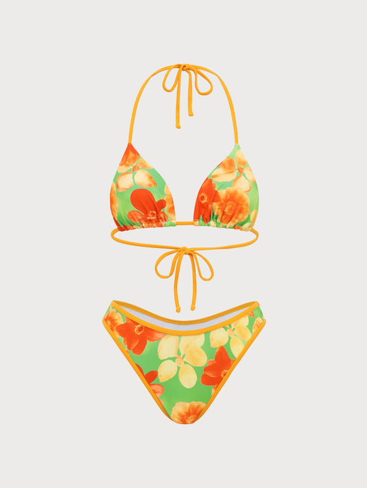 Orange Floral Print Contrast Bikini Set