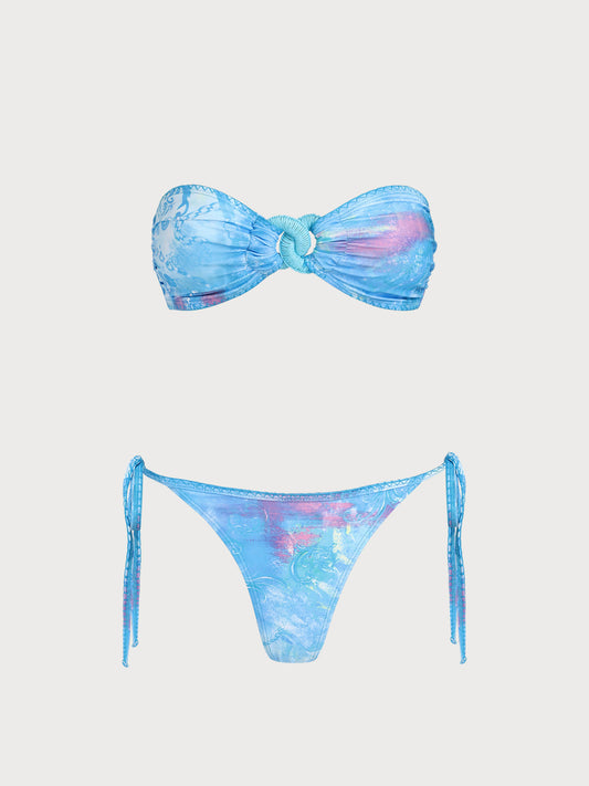 Blue Flower Bud Bandeau Bikini Set