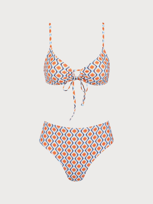 Orange Geometric Wave Print Bikini Set