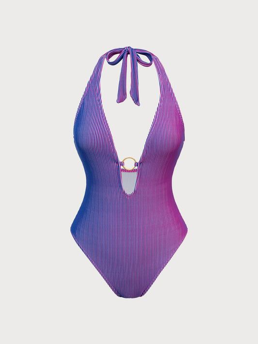 Purple Gradient Deep V One-Piece Swimsuit