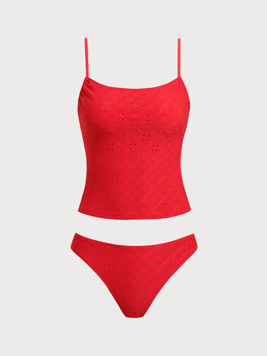 Red Hollow Flat Collar Tankini Swimsuit