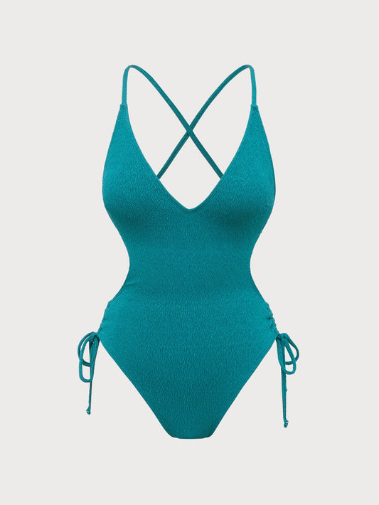 Blue Hollow Lace-Up One-Piece Swimsuit