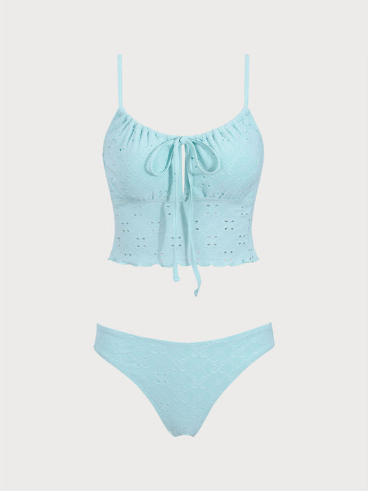 Light Blue Textured Cut Out Tankini Swimsuit