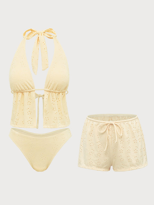 Yellow Hollow Tankini Three-Piece Swimsuit