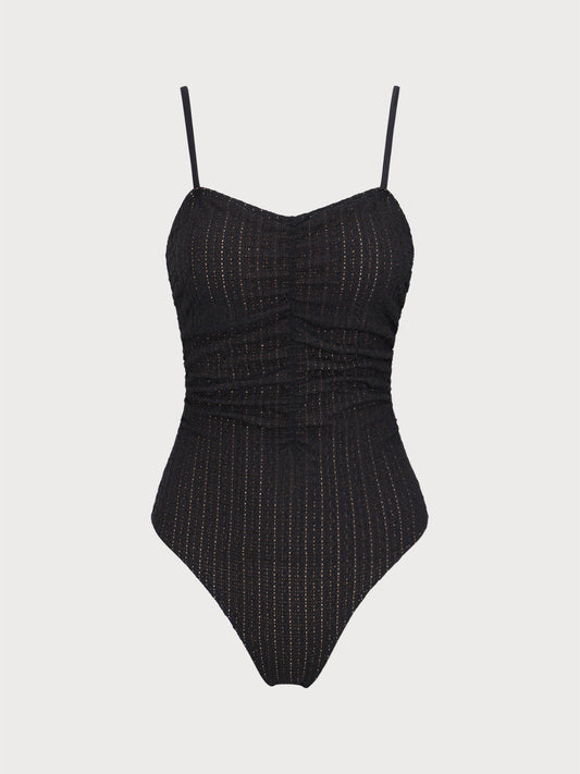 Black Hollow Wrinkled One-Piece Swimsuit