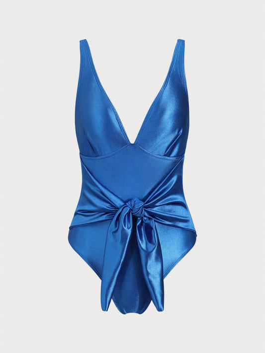 Blue Knotted V-Neck One-Piece Swimsuit