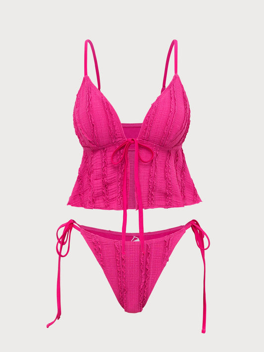 Rose Red Lace-Up Tankini Swimsuit