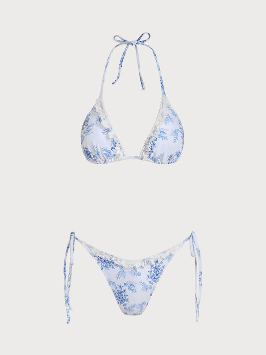 Blue Lace Ocean Bouquet Print Bikini Set