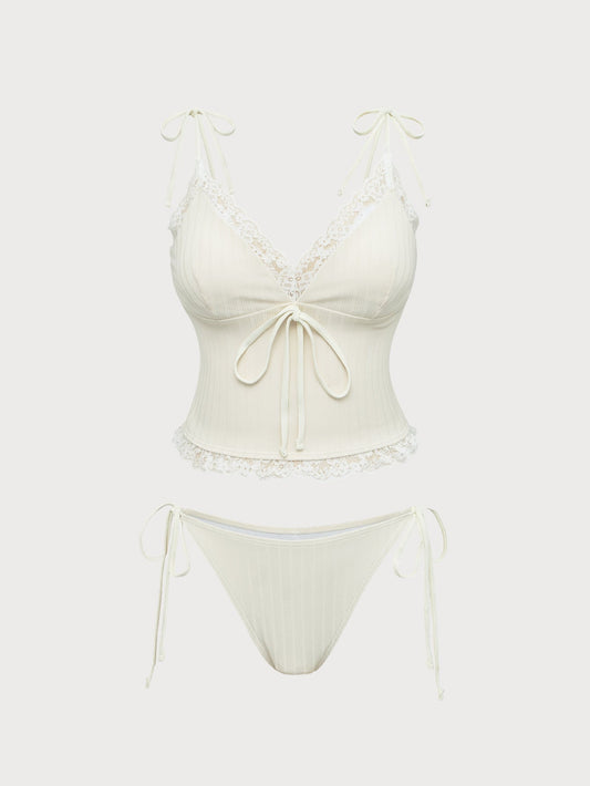 Beige Lace V-Neck Tankini Swimsuit