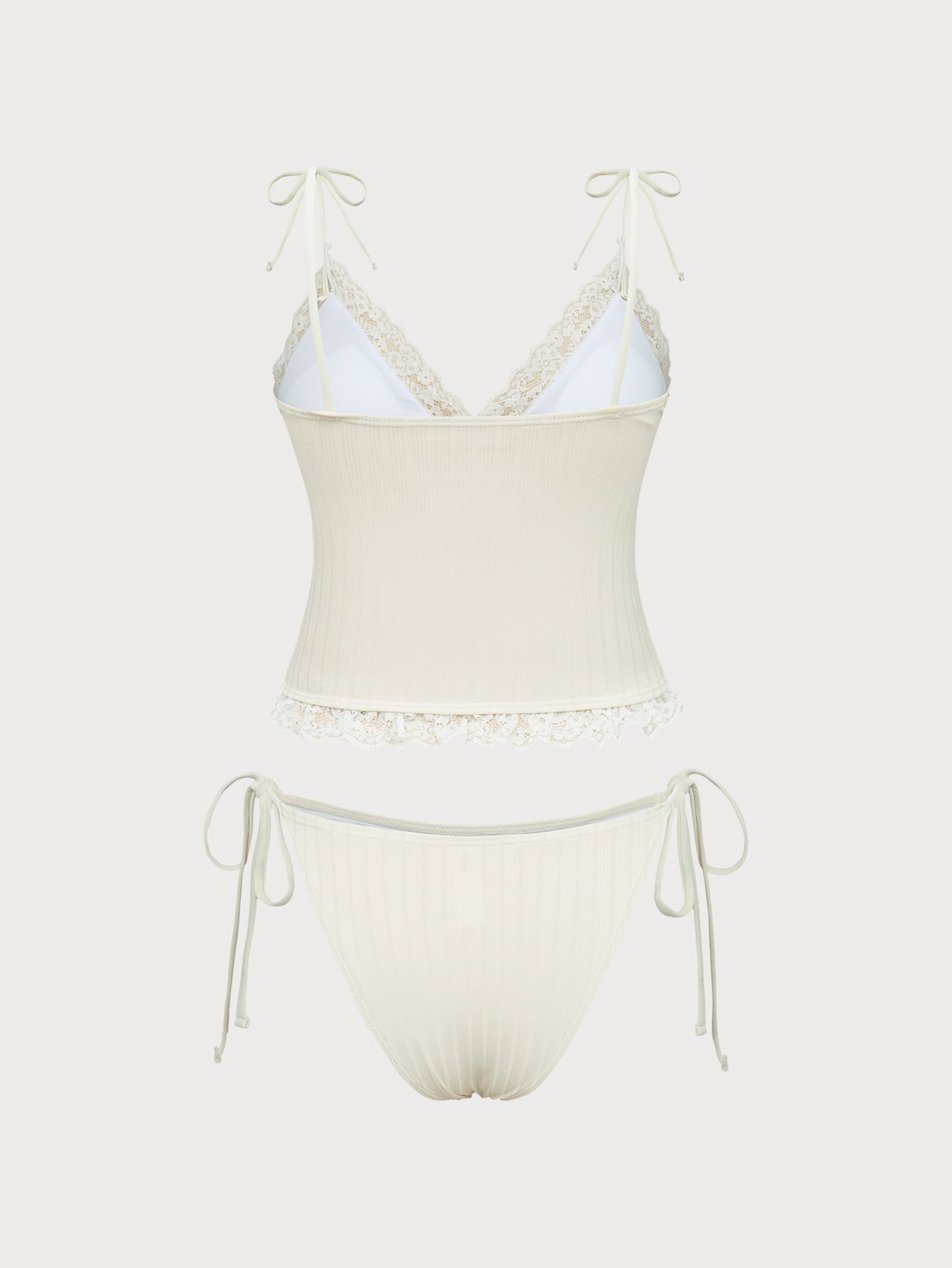 Beige Lace V-Neck Tankini Swimsuit