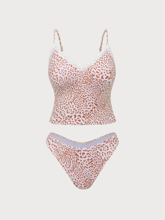 Brown Leopard Print Lace Tankini Swimsuit
