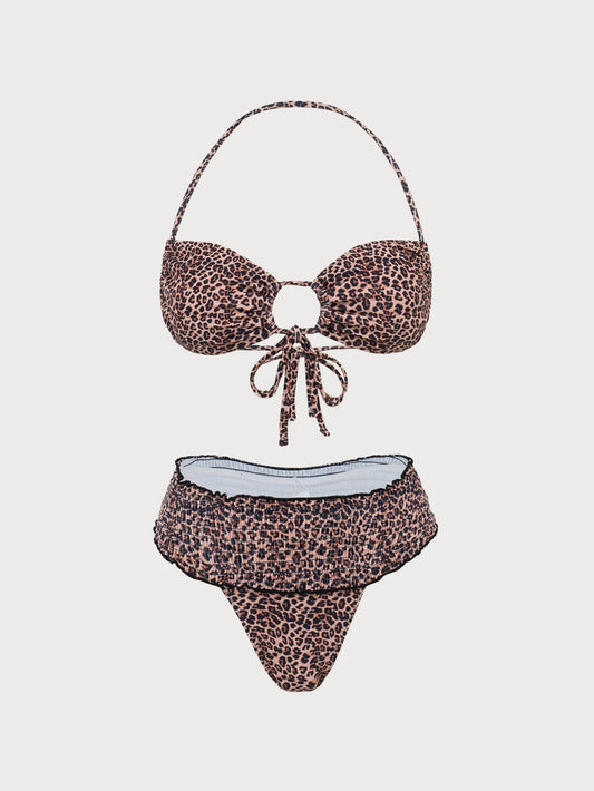 Brown Leopard Smocked Print Bikini Cover