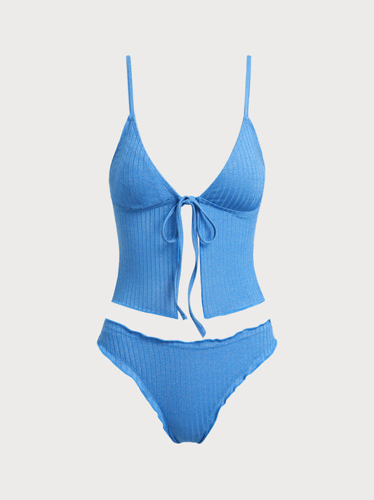 Blue Knitted Lurex Tie-Front Tankini Swimsuit