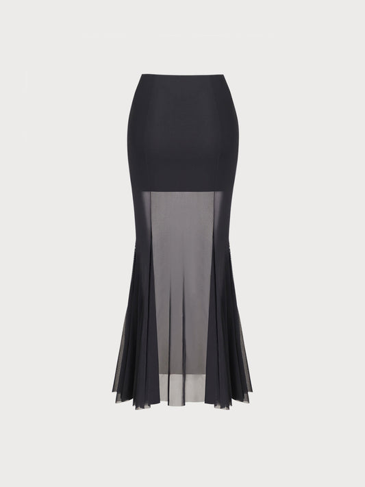 Black Mesh Hip-Wrapped Long Skirt