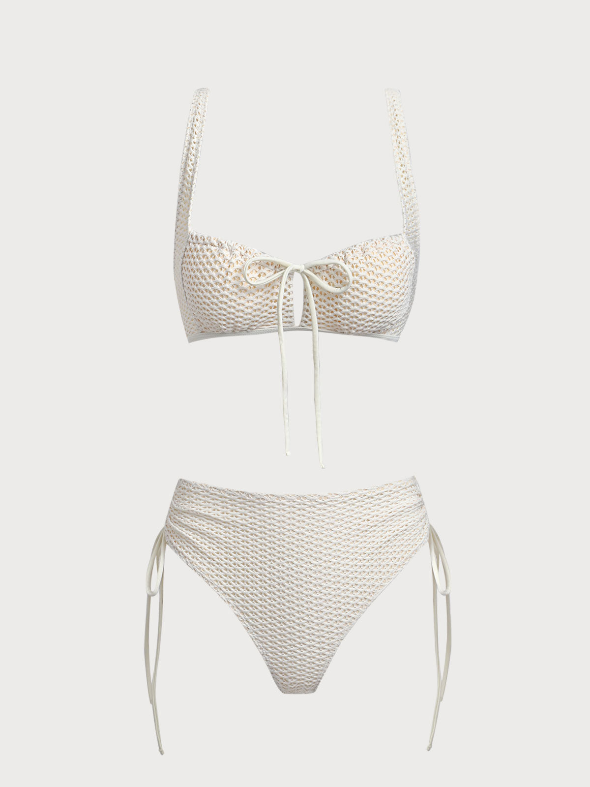 Off White Knitted Mesh Ruched Bikini Set