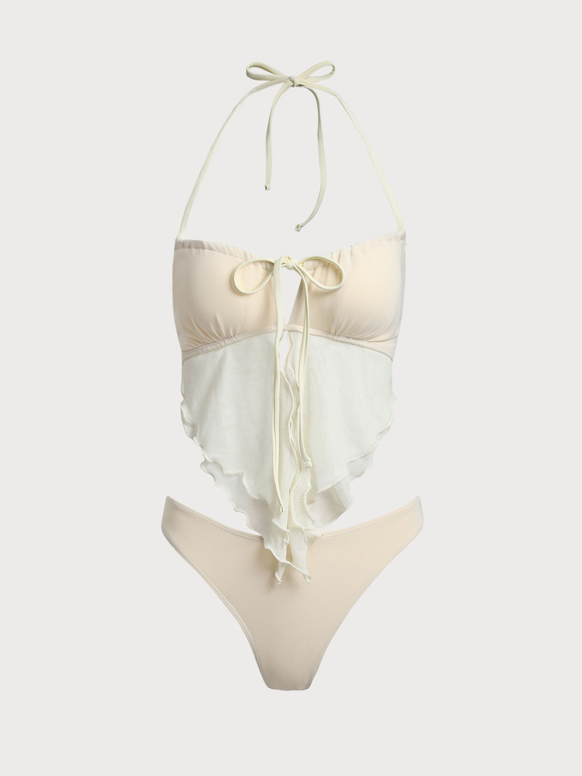 Off White Mesh Ruched Tankini Swimsuit