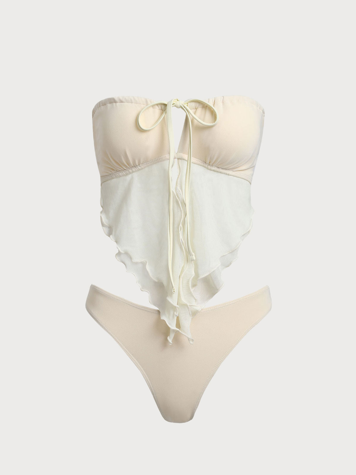 Off White Mesh Ruched Tankini Swimsuit