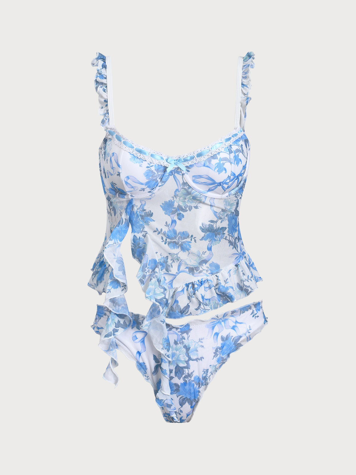 Light Blue Mesh Ruffled Printed Tankini Swimsuit