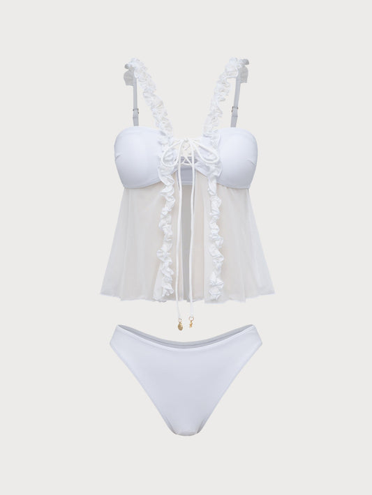 White Mesh Ruffled Tankini Swimsuit