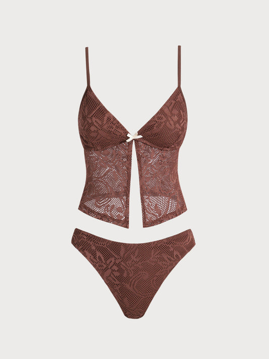 Brown Mesh Slit Tankini Swimsuit