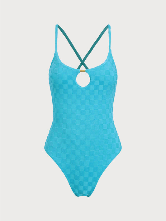 Blue Metal Hollow Plaid One-Piece Swimsuit