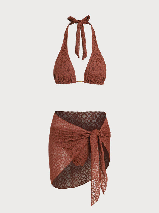Brown Metallic Bikini Three-Piece Set