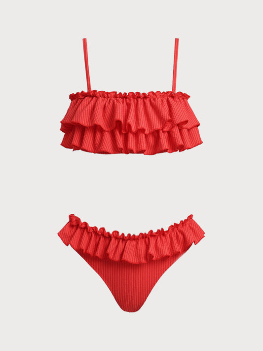 Red Multi-Layered Ruffle Girls Bikini Set