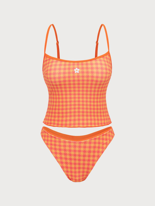 Orange Plaid Print Tankini Swimsuit