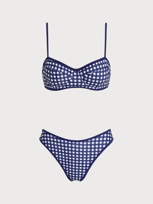 Blue Plaid Print Vintage Contrast Color Bikini Set