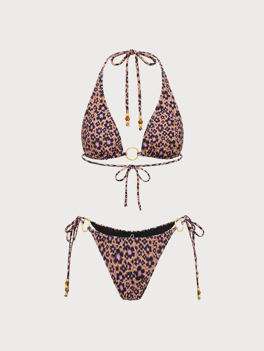 Brown Printed Beaded Bikini Set
