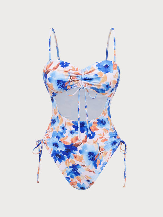 Blue Printed Cutout Wrinkled One-Piece Swimsuit